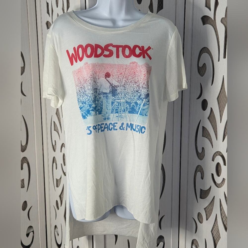 Woodstock Peace & Music Graphic Tee Medium Cream Short Sleeve Retro Unisex